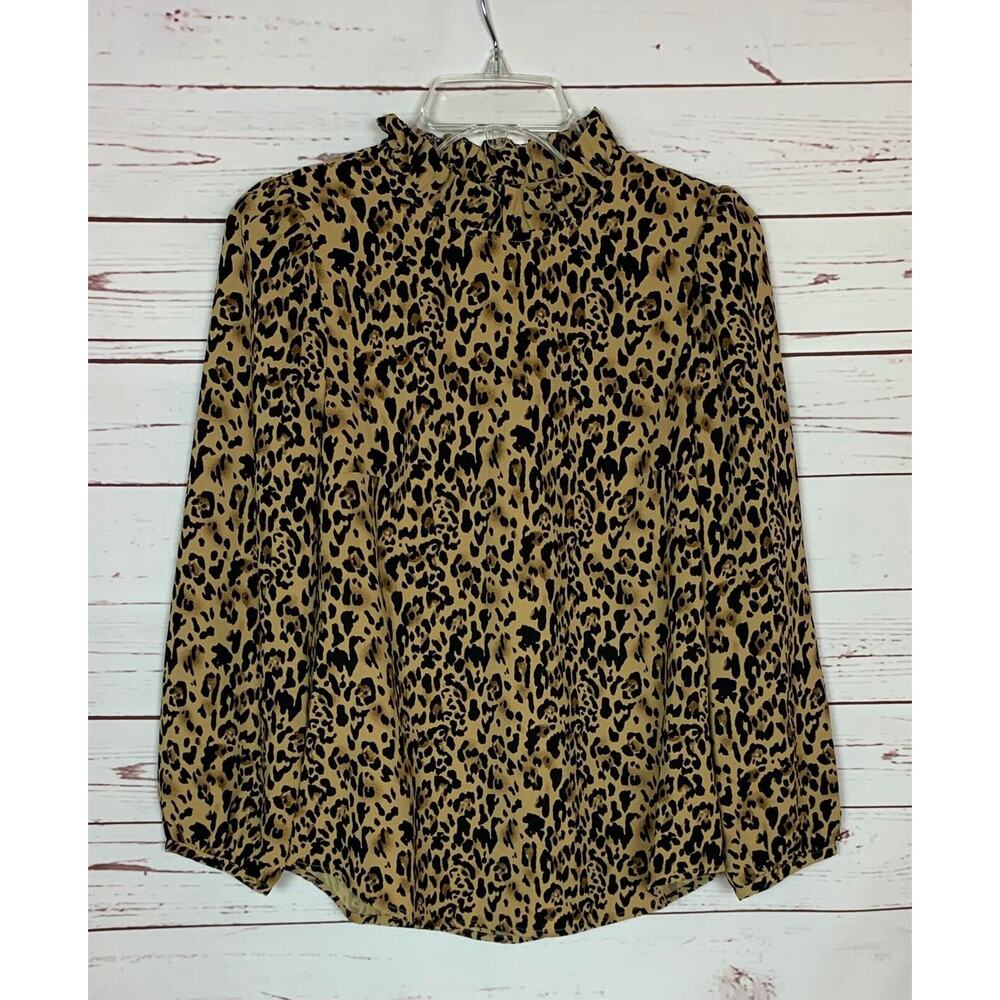 J.Crew Women's XS Extra Small Brown Black Animal Print Long Sleeve Top Blouse